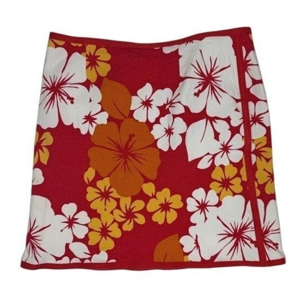 Nine West Skirt Womens 8 Mini Red‎ Floral Hibiscus Cotton Blend Pique Stretch